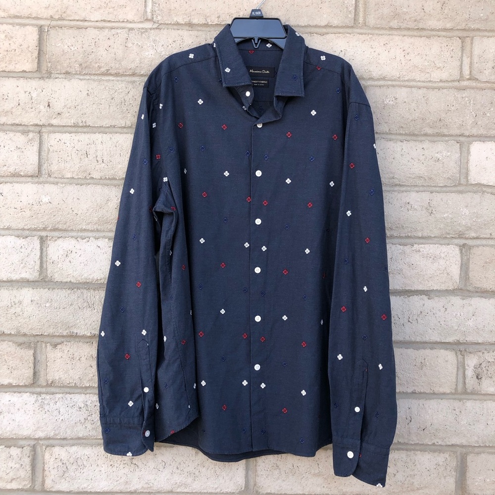 Men's Massimo Dutti Long Sleeve Button Down Shirt Embroiderd Red White Blue